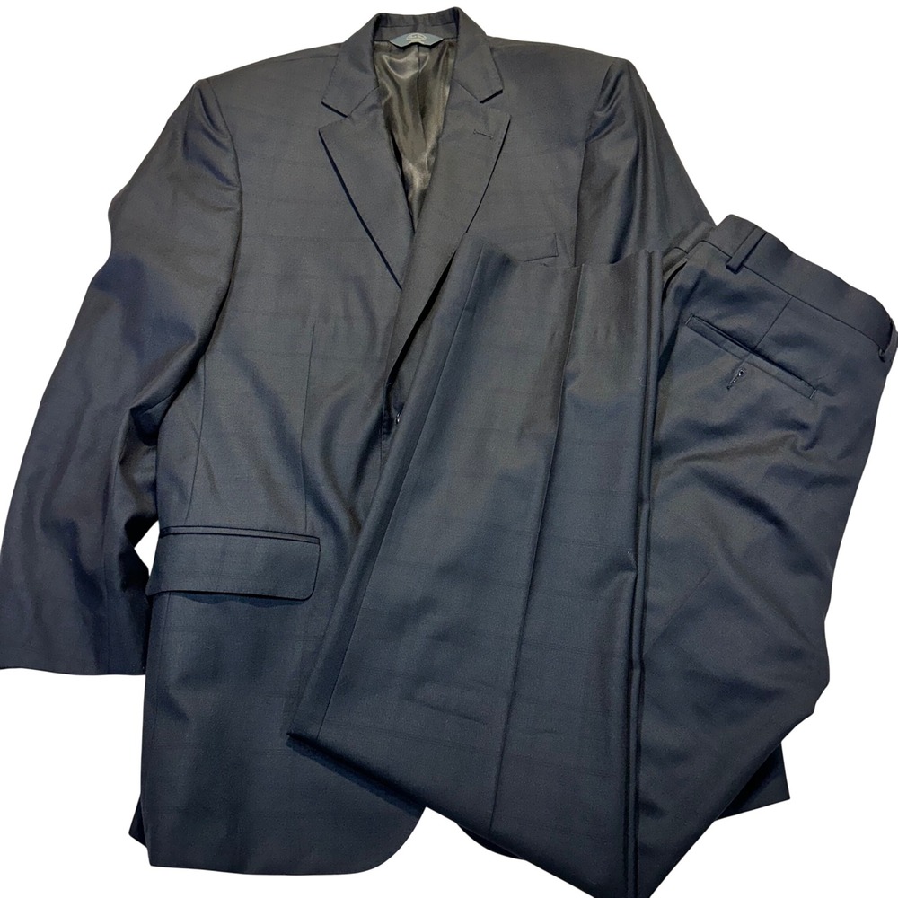 Pronto Uomo Suit Men 44L 39W Black Windowpane Wool Platinum Formal Business Lux